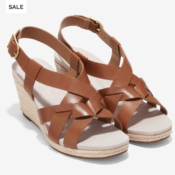 Cole Haan Crystal Brown Leather Wedge Strappy Sandal, NEW, Size 8, MSRP $115